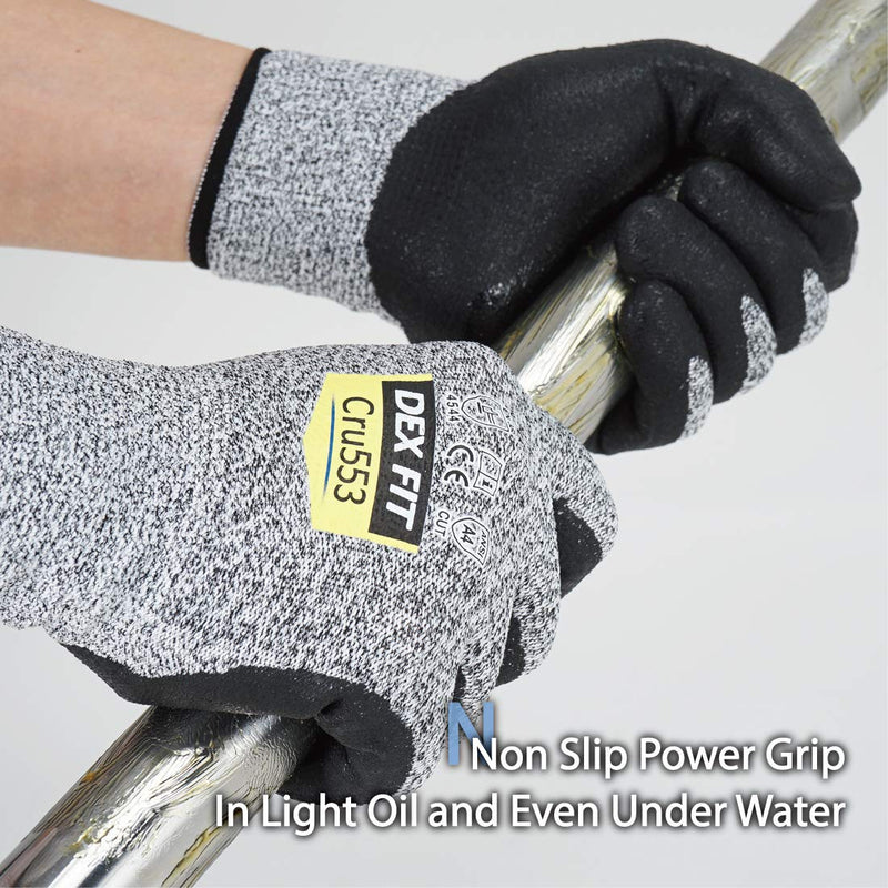 DEX FIT High-Duty Cut Resistant Gloves Cru553 with Level 5 Cut Protection; 3D-Comfort Fit Around Hands; Power Grip for Work; Touchscreen Capable; Perfect for Machine Washable, Grey 7 (S) 1 Pair Small (1 Pair) Cut 5 Cru553 Grey
