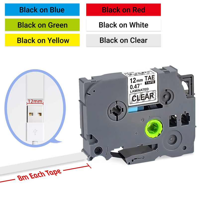 6PK Label Maker Tape 12mm Compatible for Brother TZe131 231 431 531 631 731 Laminated P Touch TZe TZ Tape, for Brother Ptouch PTD400 PTD210 PTH110, 12mm 0.47" (Clear/White/Red/Blue/Yellow/Green)