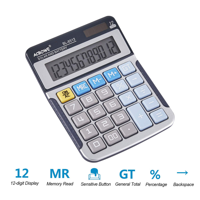 ACBOWE Pocket Size Calculator, Standard Function Desktop Calculator with 12 Digit Large Display and Buttons, Battery and Solar Powered, Suitable for Desk and On The Move Use - Blue