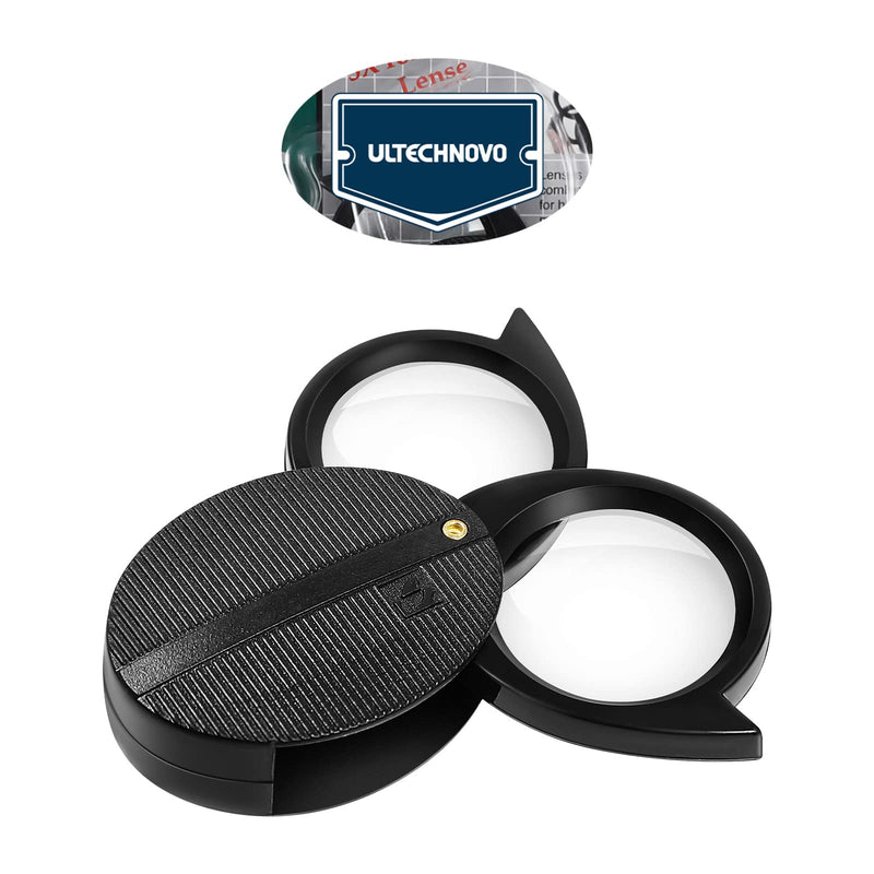 ULTECHNOVO Folding Pocket Magnifying Portable Handheld Optical Glass Crafts Magnifier for Women and Men Reading (Dual Lens (5X/10Xï¼‰) - Black