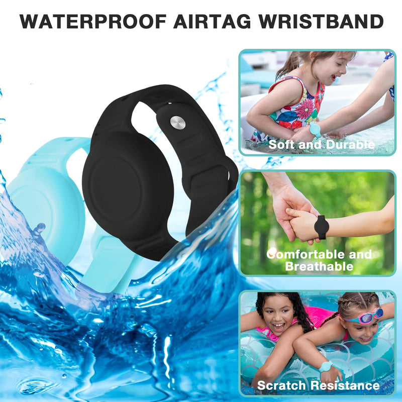 Waterproof Airtag Bracelet for Kids(2 Pack) - Soft Silicone Air tag Wristband Kids Full Case Cover Compatible with Apple Airtag, Lightweight GPS Tracker Holder for Kids Black/Blue