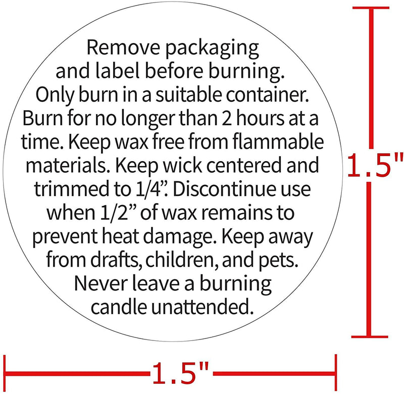 Candle Warning Stickers, 1.5" Round Label, 300 Labels, Black and White Text, Sticker Decal for Candle Jars, Tins and Votives