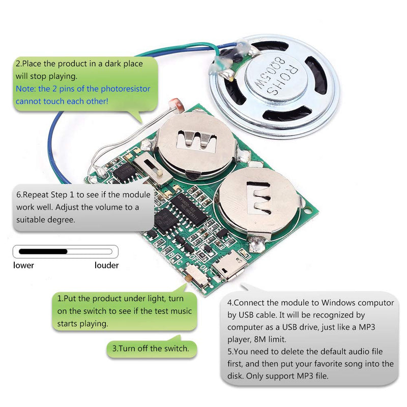 Icstation DIY Light Sensor Sound Module Micro USB Music Player for Talking Greeting Card Creative Gifts 8M Memory w/Speaker 8M Light Sensor