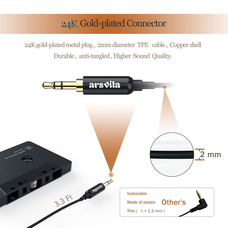 Arsvita Car Audio Cassette to Aux Adapter , 3.5 MM Auxillary Cable Tape Adapter