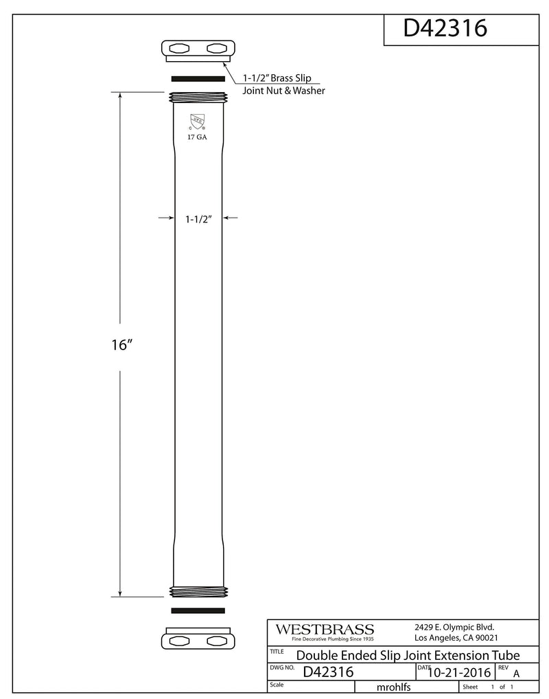 Westbrass D42316-62 1-1/2" x 16" Double Ended Slip-Joint Extension Tube, Matte Black