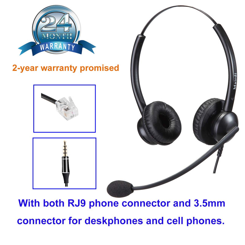 Call Center Headset with RJ9 & 3.5mm Connectors for Landline Deskphone and Smartphone PC Laptops, Office Telephone Headset with Noise Canceling Microphone for Yealink Grandstream Snom