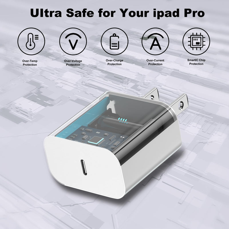 iPad Charger,20W Apple USB C Fast Charger,2Pack 6Ft Type C Fast Wall Charger Block for iPad Pro 12.9/11 inch 2022/2021/2020/2018, iPad Air 5th/4th, iPad 10th Generation/Mini 6 (White) White