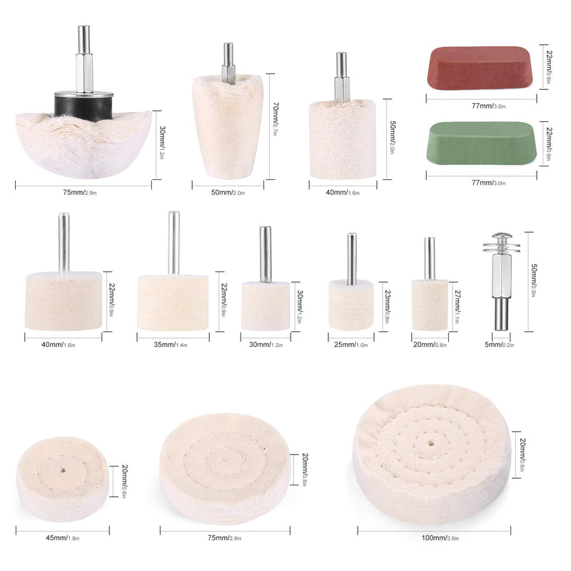 Polishing attachment cordless screwdriver polishing disc for drill, 11 pieces brush set conical cotton velvet polishing pad wheel polishing cone polishing buffing pad with 2 pieces polishing paste for metal aluminum 14 pieces