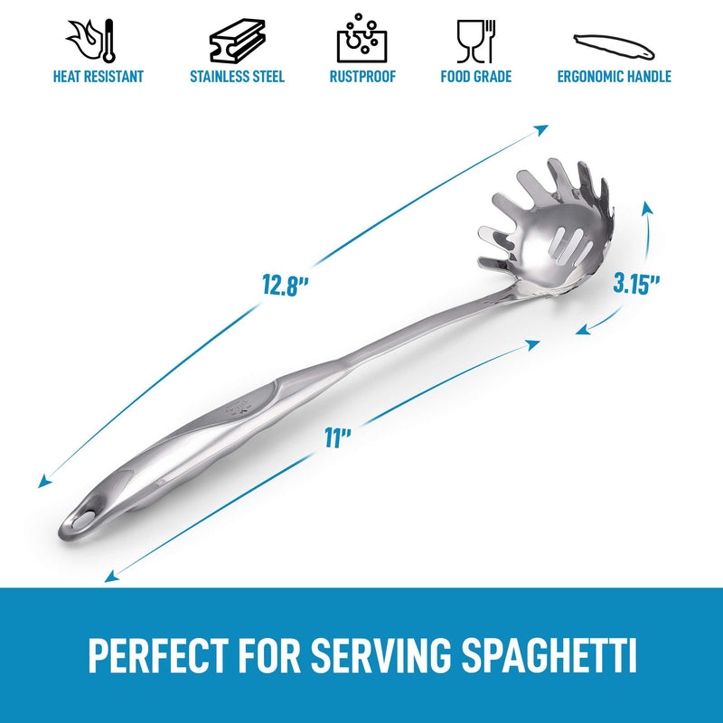 Zulay Kitchen Pasta Server - Durable Food Grade Stainless Steel Pasta Spoon Server With Ergonomic Handle & Heat Resistant Design - Kitchen Spaghetti Server Fork For Noodles, Pasta, & More (12 inch)