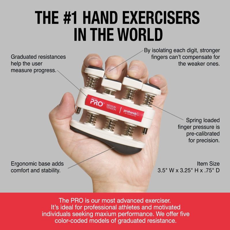 PROHANDS PRO Hand Exerciser, Finger Exerciser (Hand Grip Strengthener), Spring-Loaded, Finger-Piston System, Isolate and Exercise Each Finger 7 lb (Medium Tension) Red - Pro