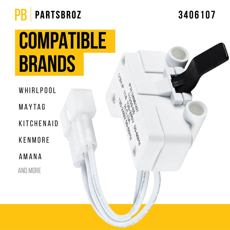 3406107 Door Switch Replacement by PartsBroz - Compatible with Whirlpool Dryers - Replaces WP3406107, AP6008561, 3405100, 3405101, 3406100, 3406101, 3406109
