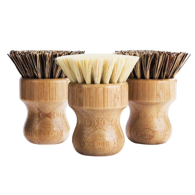 Palm Pot Brush- Bamboo Round 3 Packs Mini Dish Brush Natural Scrub Brush Durable Scrubber Cleaning Kit with Union Fiber and Tampico Fiber for Cleaning Pots, Pans and Vegetables
