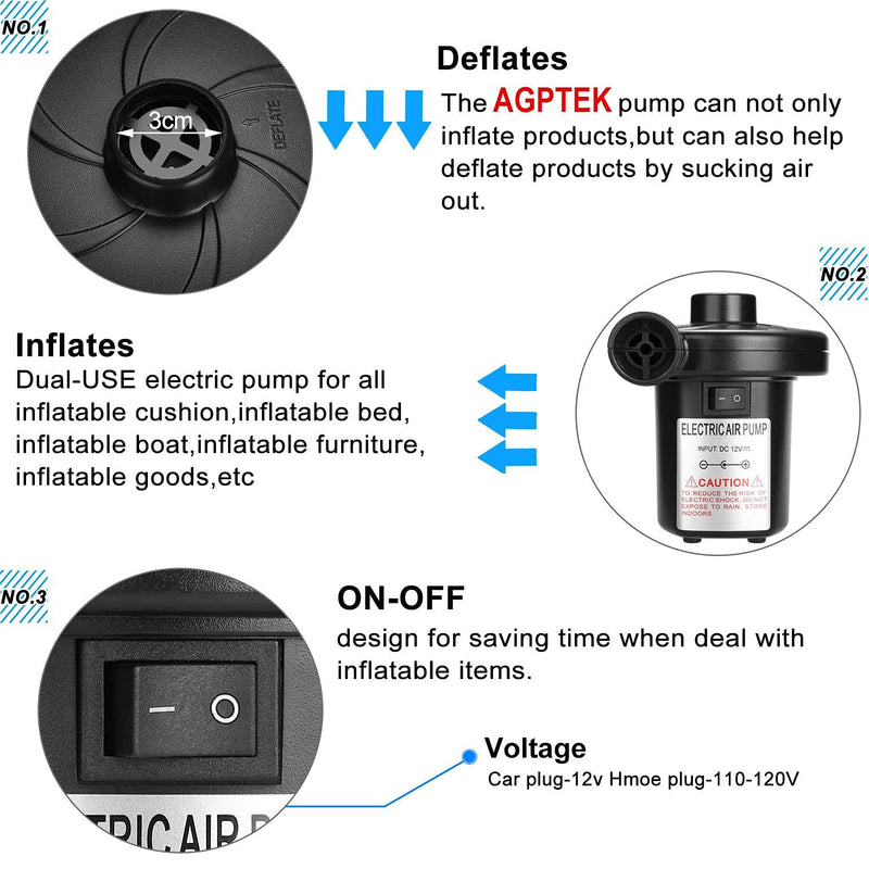 Electric Air Pump, AGPtEK Portable Quick-Fill Air Pump with 3 Nozzles, 110V AC/12V DC, Perfect Inflator/Deflator Pumps for Outdoor Camping, Inflatable Cushions, Air Mattress Beds, Boats, Swimming Ring
