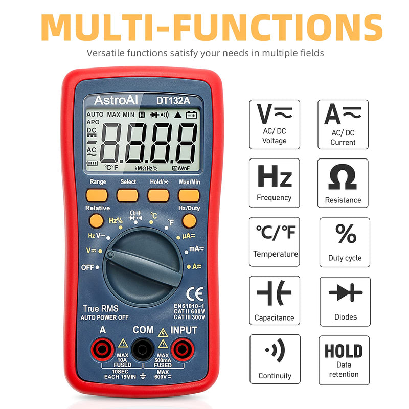 AstroAI Digital Multimeter TRMS 4000 Counts with DC AC voltmeter and Auto-Ranging Fast Accurately Measures Voltage, Current, Resistance, Capacitance, Temperature, Continuity, Frequency and Duty-Cycle.