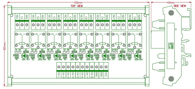 Electronics-Salon DIN Rail Mount 8 SPDT Power Relay Interface Module. (Operating Voltage: DC 5V) Operating Voltage: DC 5V