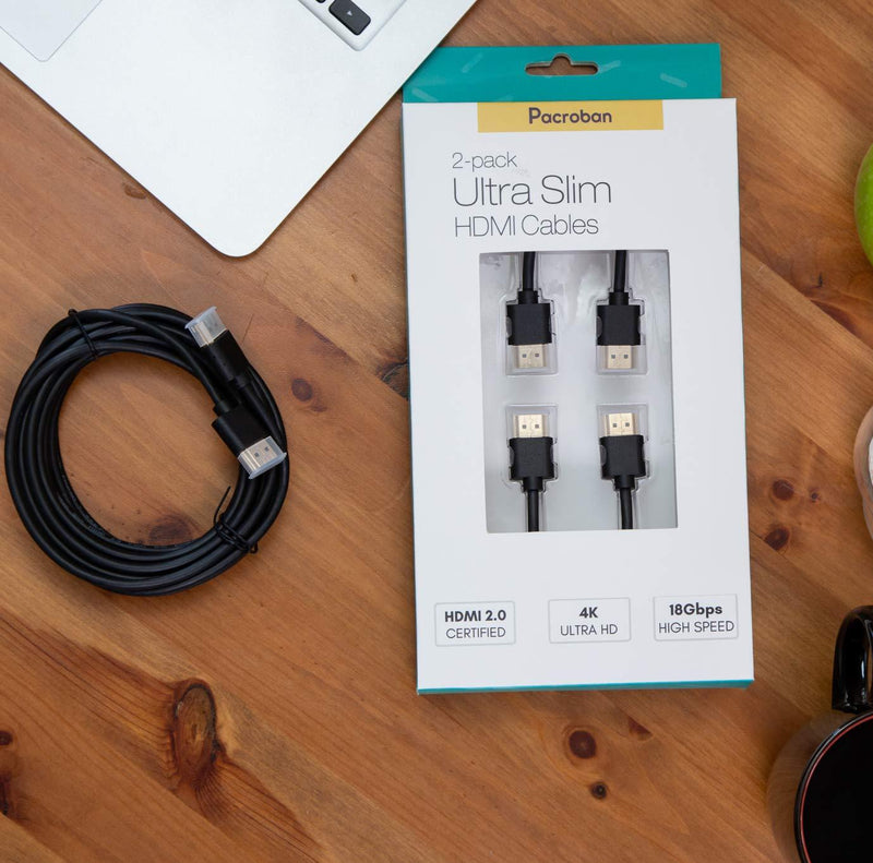 Pacroban Slim HDMI Cable (10ft, Black) 10ft - 2 Pack