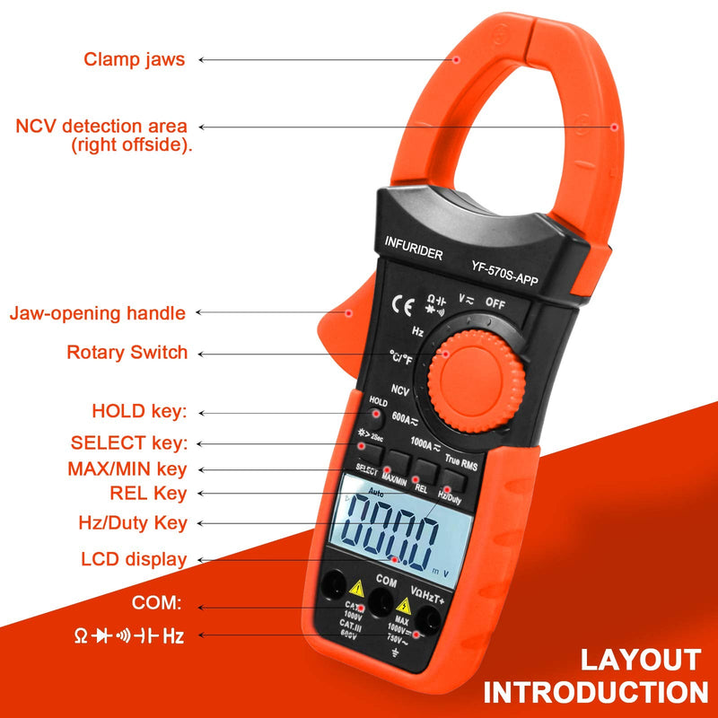 INFURIDER Digital AC/DC Volt Amp Clamp Meter,Wireless Bluetooth Auto Ranging 1000A Ammeter Clamp Multimeter for Voltage,Current,Ohm,Cap,Temperature Tester 2.YF-570S-APP AC DC Current Clamp with BT