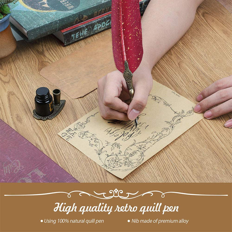 NC Upgraded Wax Seal Stamp Kit,Quill Pen Ink Set Includes Feather Dip Pen,Ink,5 Replacement Nibs,3 Wax Seal Sticks,Pen Nib Base,Seal Stamp, White Wax,Spoon,Envelope Letter Paper, Envelope Tool（Red） red
