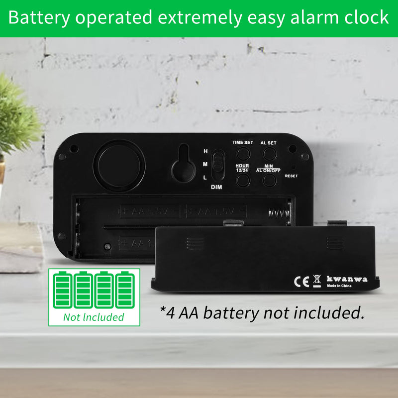 KWANWA Alarm Wall Small Clock, Battery Operated, Adjustable 3-Level Led Brightness, Dim Night Model, 12/24Hr, Cordless, Constantly 1.2'' Red Digits Display for Bedroom/Travel Black Case-red Led