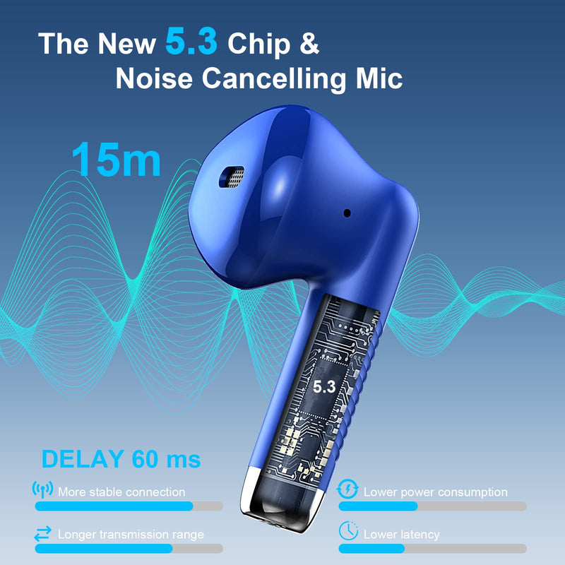 Wireless Earbud, Bluetooth 5.3 Earbud Stereo Bass, Bluetooth Headphones in Ear Noise Cancelling Mic, Earphones I-PX7 Waterproof Sports, 32H Playtime USB C Charging Case Blue Ear Buds for Android iOS dark blue
