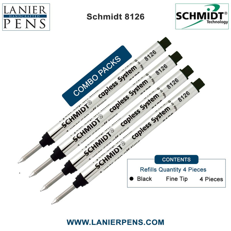 4 Pack - Schmidt 8126 Long Version Capless Rollerball Refill Long Version at 4.31" - Black Ink