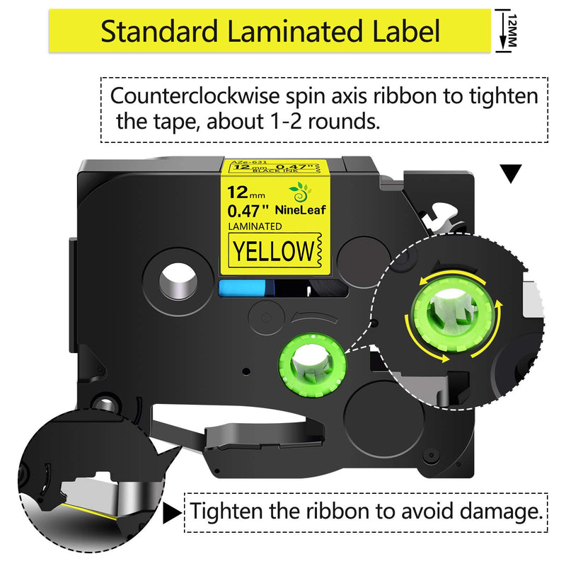 NineLeaf 6 Pack Black on Yellow Laminated Tapes Refill Cartridge Compatible for Brother TZe-631 TZe631 TZ-631 TZ631 P-Touch Label Tape 12mm 1/2 inch 0.47'' use in PT-D210 H110 H100 D400 Label Maker