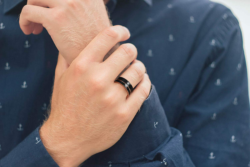 THREE KEYS JEWELRY Mens Womens Black Tungsten Rings 4mm 6mm 8mm Hammered Facet Silver Brushed with Rose Gold Stripe Wedding Bands 8mm Black & Rose Gold 8.5