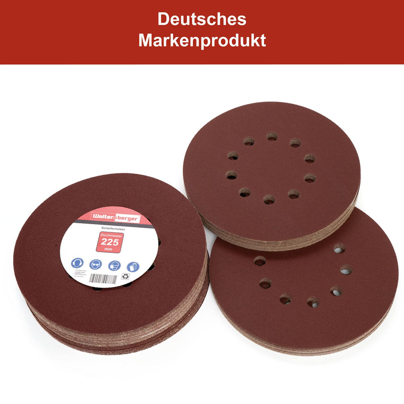 Woltersberger 25 pieces sanding discs Ø 225mm | Grit P120 | 10 holes in red | Sandpaper drywall sander long neck sander sanding giraffe ceiling sander