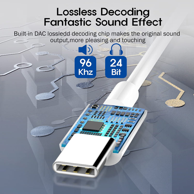 USB C Digital to 3.5 mm Female Headphone Jack Adapter, Type C Aux Audio Dongle Converter for iPad Pro 11" 12.9" 2018/2020/Google Pixel/5 4 3 2/ XL/Samsung S21 S20 Ultra Z Flip S20+ Note 20 S10 S9 Plus USB-C Adapter - White