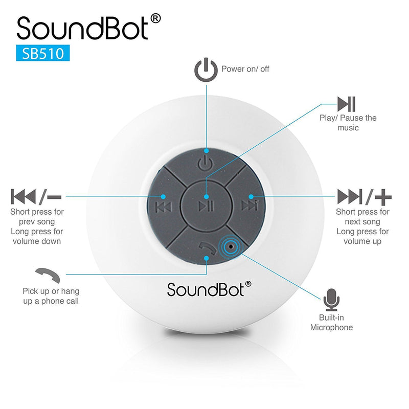 SoundBot SB510 HD Water Resistant Bluetooth 4.0 Shower Speaker, Handsfree Portable Speakerphone with Built-in Mic, 6hrs of Playtime, Control Buttons and Dedicated Suction Cup for Showers (White) WHT