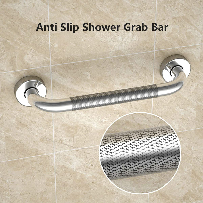 12 Inch Anti Slip Shower Grab Bar, Yuande Chrome Finish Stainless Steel Bath Grab Bar, Knurled Bathroom Safety Rail, Shower Handrail Support, Handicap Elderly Injury Senior Balance Assist Handles 12inch-1 Pack