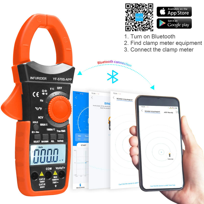 INFURIDER Digital AC/DC Volt Amp Clamp Meter,Wireless Bluetooth Auto Ranging 1000A Ammeter Clamp Multimeter for Voltage,Current,Ohm,Cap,Temperature Tester 2.YF-570S-APP AC DC Current Clamp with BT