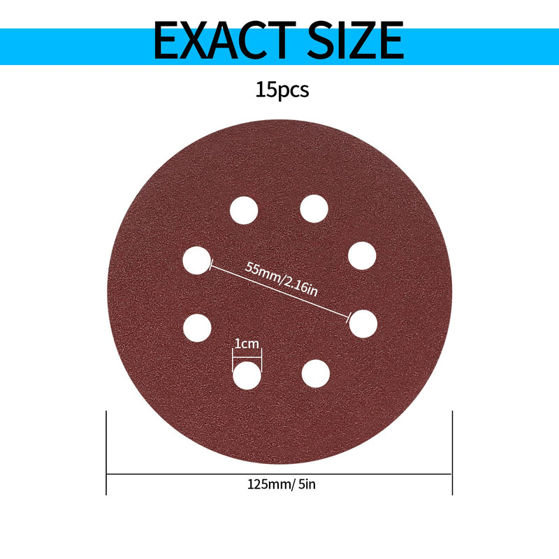 Pack of 15 sandpaper 125 mm Velcro, 80 grit sanding discs, 8 holes round Velcro sandpaper for eccentric sanders wood, metal, paint