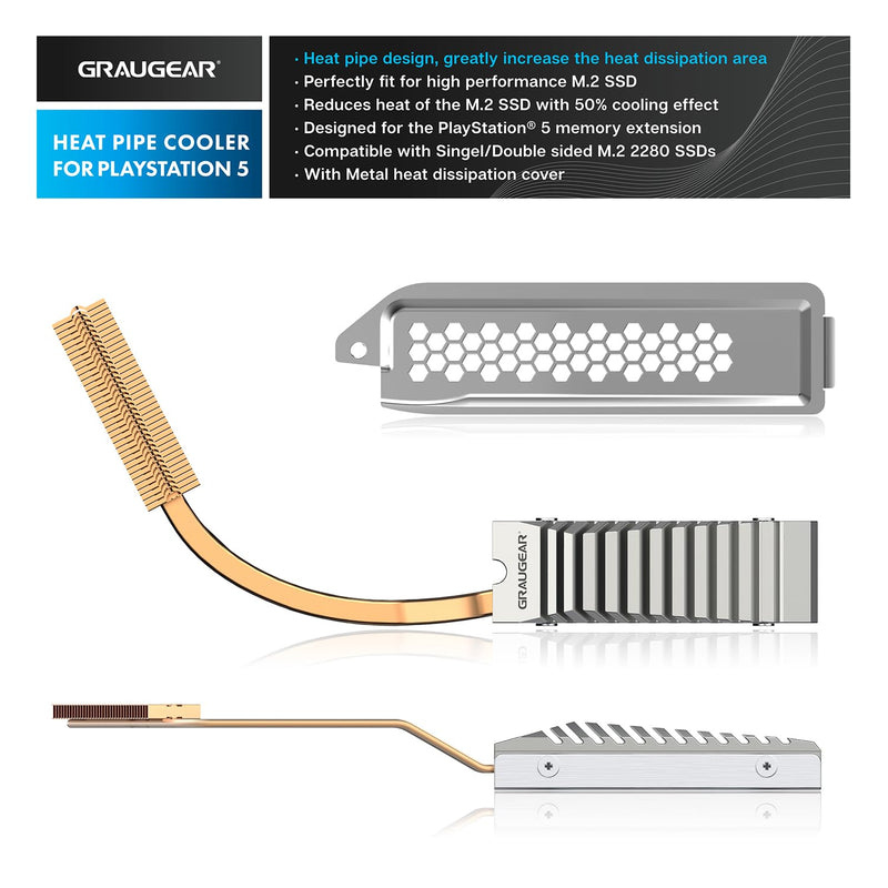 GRAYEAR | Heatpipe heatsink for M.2 SSD (2280) with cover | PS5 Heatpipe Cooler Kit | for PS®5 memory expansion | 4x thermal pads incl. | G-PS5HS01-Cov