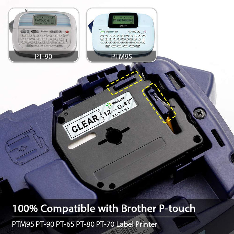 NineLeaf 2 Pack Compatible for Brother P-Touch M Tape MK131 MK231 M-K231 M231 Black on Clear/White Label Tape 1/2'' 0.47 inch (12mm) x 26.2 ft 8m Work with PT-M95 PT-90 PT-70BM PT-65 PT-85 Label Maker