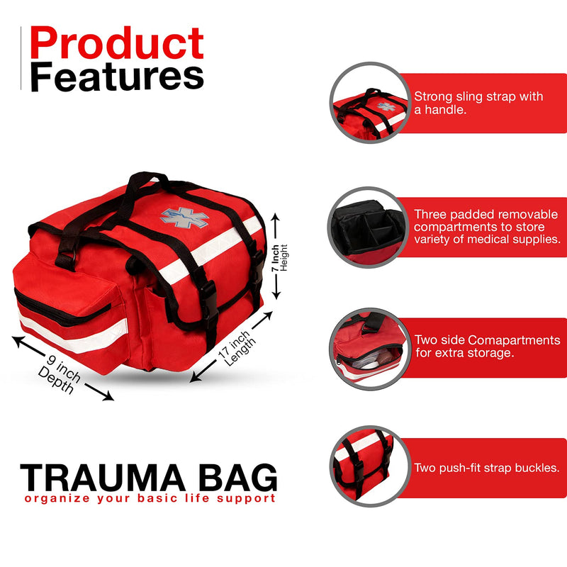 Primacare KB-RO74 EMT Emergency Trauma First Responder Empty Medical Bag for First Aid Supplies with Multiple Compartments, Red