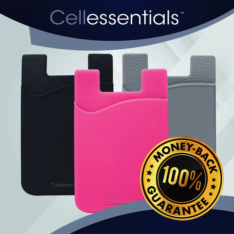 USA Merchant | Cellessentials Card Holder for Back of Phone - Silicone Stick on Cell Phone Wallet for Credit Card, ID, Business Card - iPhone, Android and Most Smartphones - 3 Pack (Black,Pink,Grey) Black, Grey & Pink