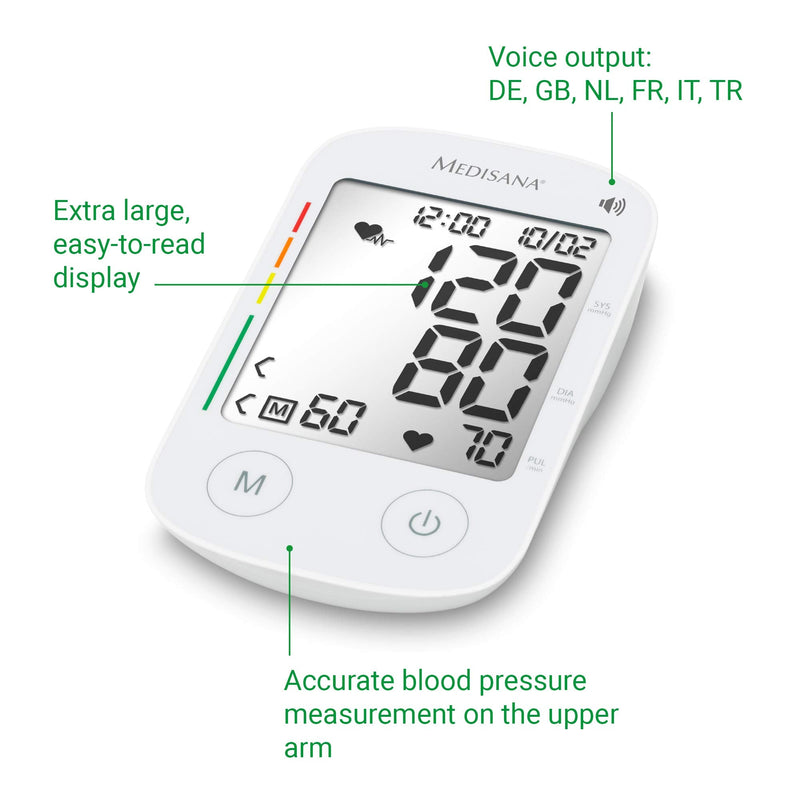 medisana BU 535 Voice upper arm blood pressure monitor, precise blood pressure and pulse measurement with memory function and voice output, traffic light scale, function for displaying an irregular heartbeat