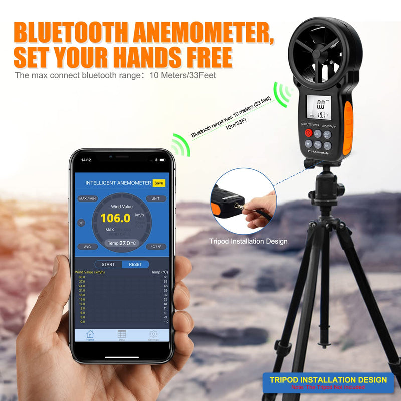 AOPUTTRIVER Bluetooth Anemometer AP-007APP Handheld Anemometer Wind Speed Meter Measuring Wind Speed/Temperature with Backlit and Max/Min/AVG for Shooting, Sailling, Flying, Climbing, HVAC