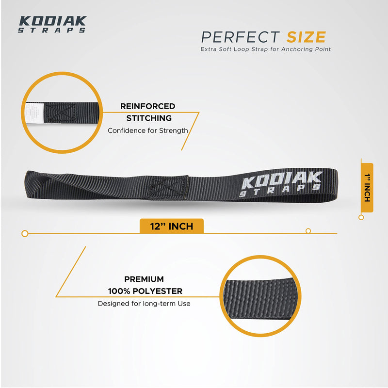 Soft Loop Tie Down Straps - 1 x 12 inches- 4,500 lb Load Capacity - Black 6 Pack - Loops for Securing ATV, UTV, Motorcycles, Scooters, Dirt Bikes, Lawn & Garden Equipment by KODIAK STRAPS 1 x 12 inch BLACK