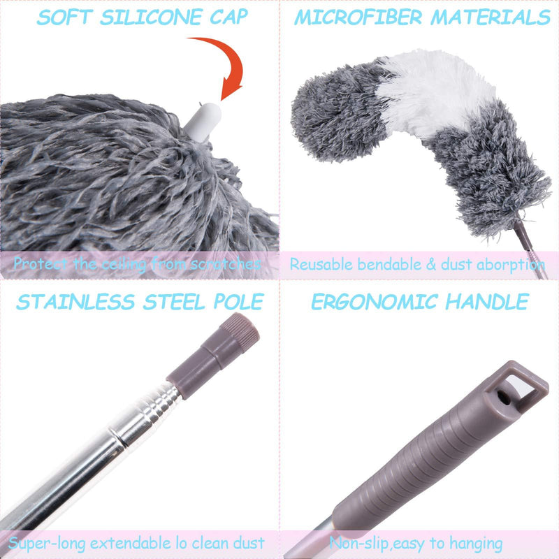 Microfiber Duster, with Extension Pole(Stainless Steel) 30 to 100 Inches, Reusable Bendable Dusters, Washable Lightweight Dusters for Cleaning Ceiling Fan, High Ceiling, Blinds, Furniture, Cars