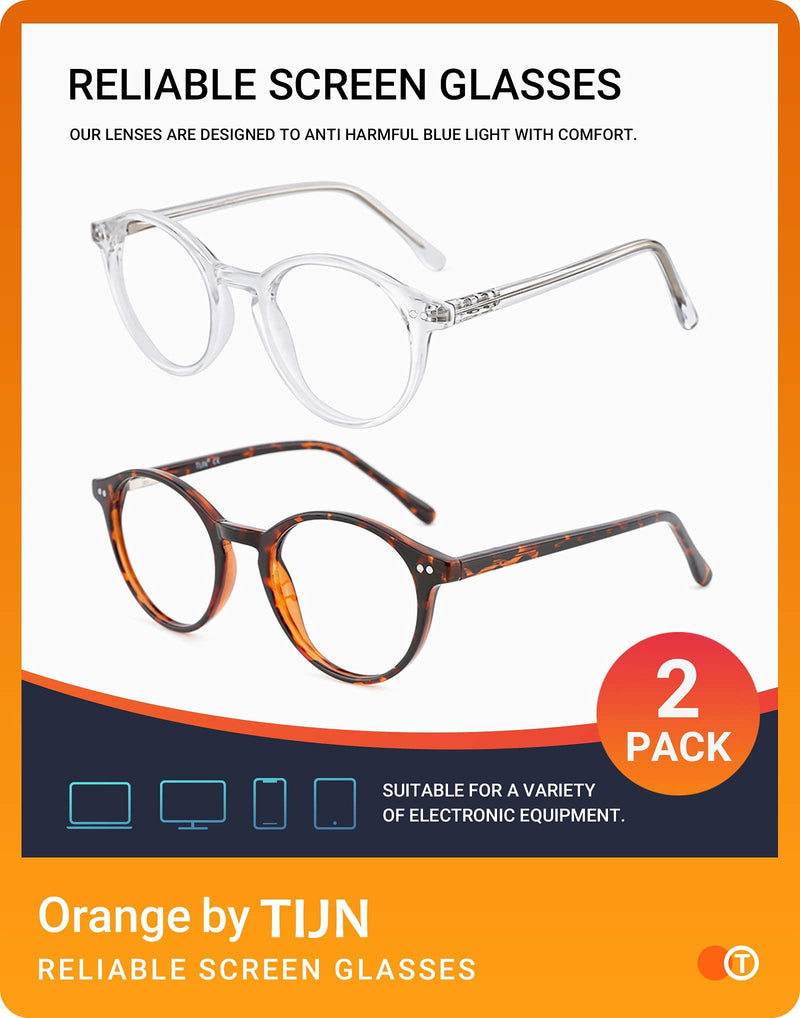 TIJN Blue Light Blocking Glasses Men Women Vintage Thick Round Rim Frame Eyeglasses 07(2pack)transparent/Tortoise
