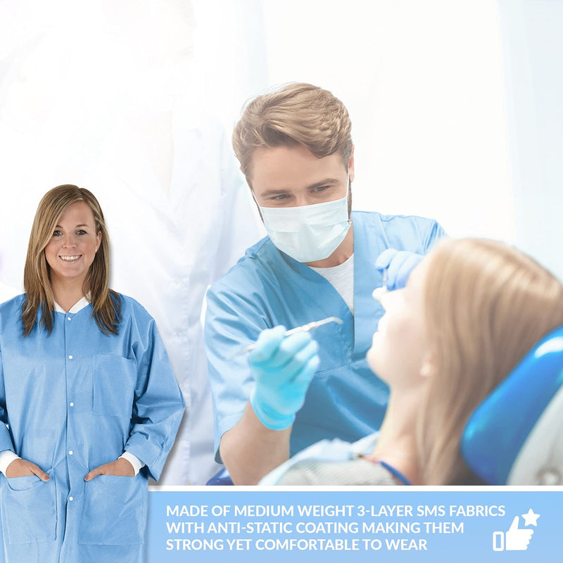 MEDICAL NATION 10 Disposable Lab Coats - Blue - Durable SMS Knee Length Lab Coat Unisex, Comfortable and Easy to Wear Labcoat, For Hospitals, Pharmacies, Laboratories, Dental Clinics - Extra Large