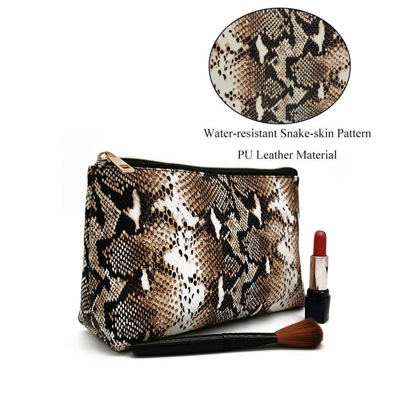 2 Pack Makeup Bag Organizer Set Portable Large Cosmetic Pouch Travel Brush Holder PU Handbag with Gold Zipper Pencil Storage Case for Women Purse,Snake Skin Snake skin