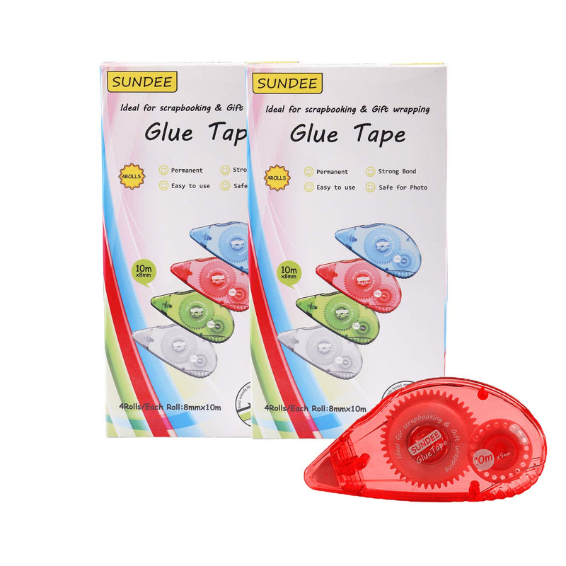 Glue Runner Permanent, Double Sided Adhesive Scrapbook Runner Tape Roller, 0.3-inch by 360-Inch, Permanent Adhesive Roller Applicator, 8 Pack - Red