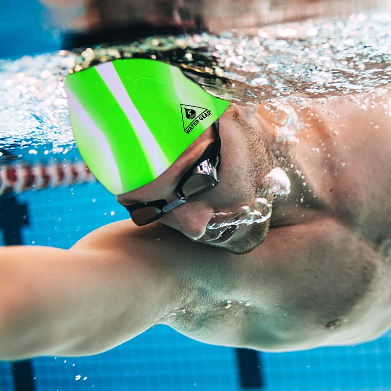 Water Gear Silicone Adult Swim Cap - Flexible Unisex Waterproof - Great for Short and Long Hair - Improve Your Performance - Women Men and Teens -Triathlon Swimmers and Athletes GREEN/WHITE