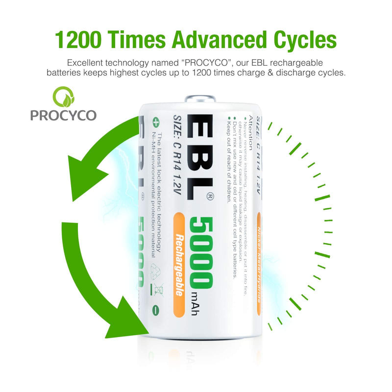 EBL C Size C Cell 5000mAh Ni-MH Rechargeable Batteries, Pack of 2 2 Pack