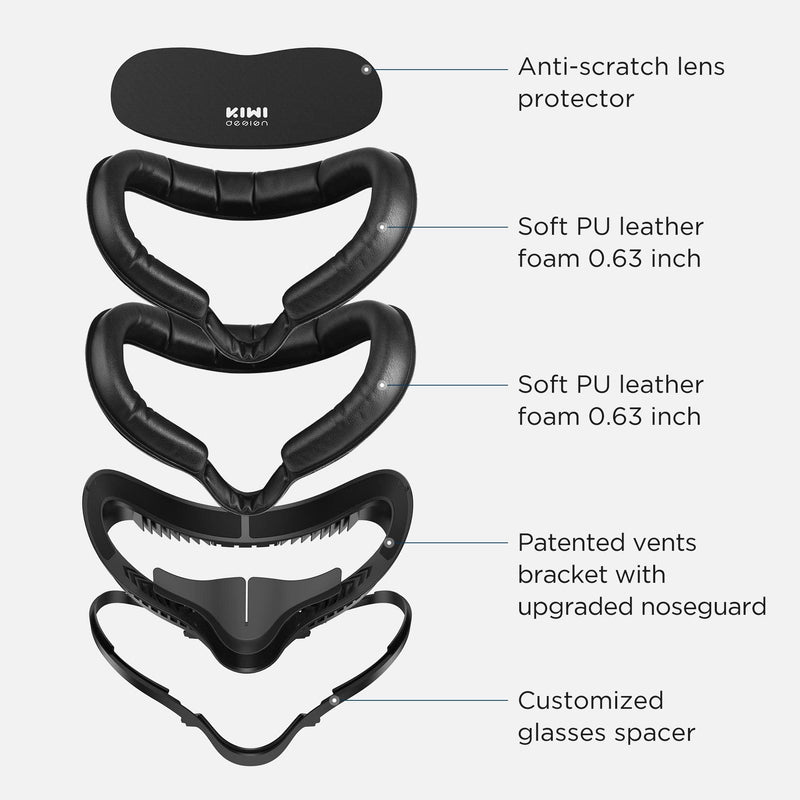 KIWI design Fitness Facial Interface Accessories (Upgraded Version), Face Cushion Foam Pad Replacement 2 Piece, with Customized Glasses Spacer and Lens Protector Compatible with Quest 2 With glasses spacer