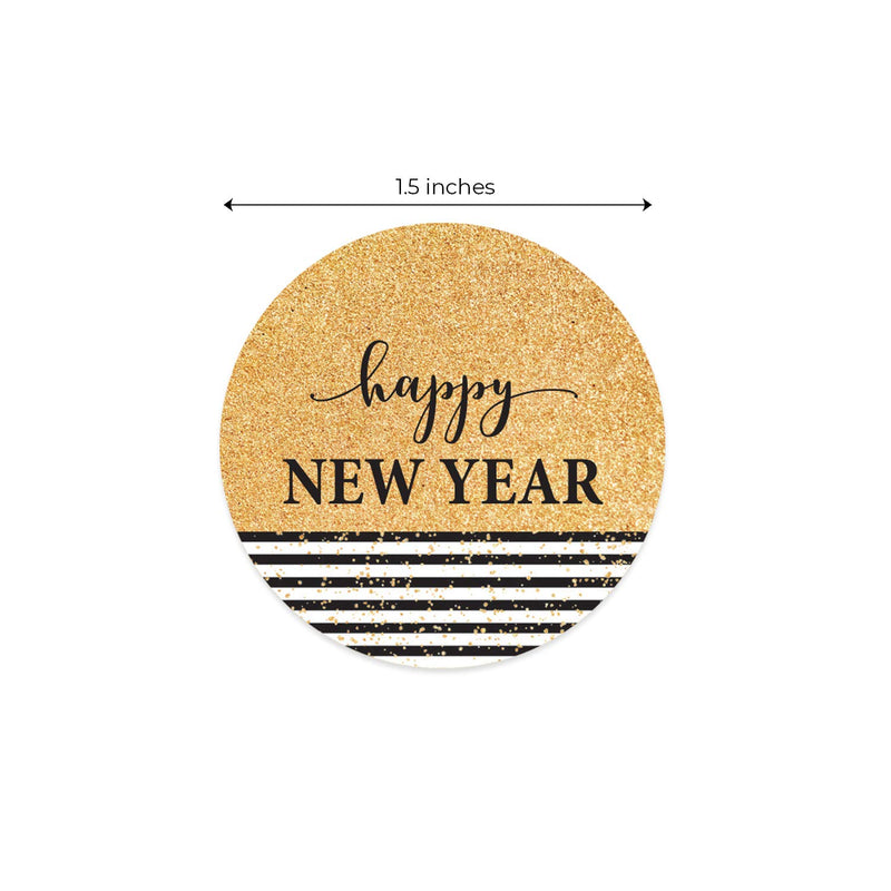 Black & Gold Happy New Year Stickers/500 New Year Labels/Happy New Year Faux Glitter Sticker