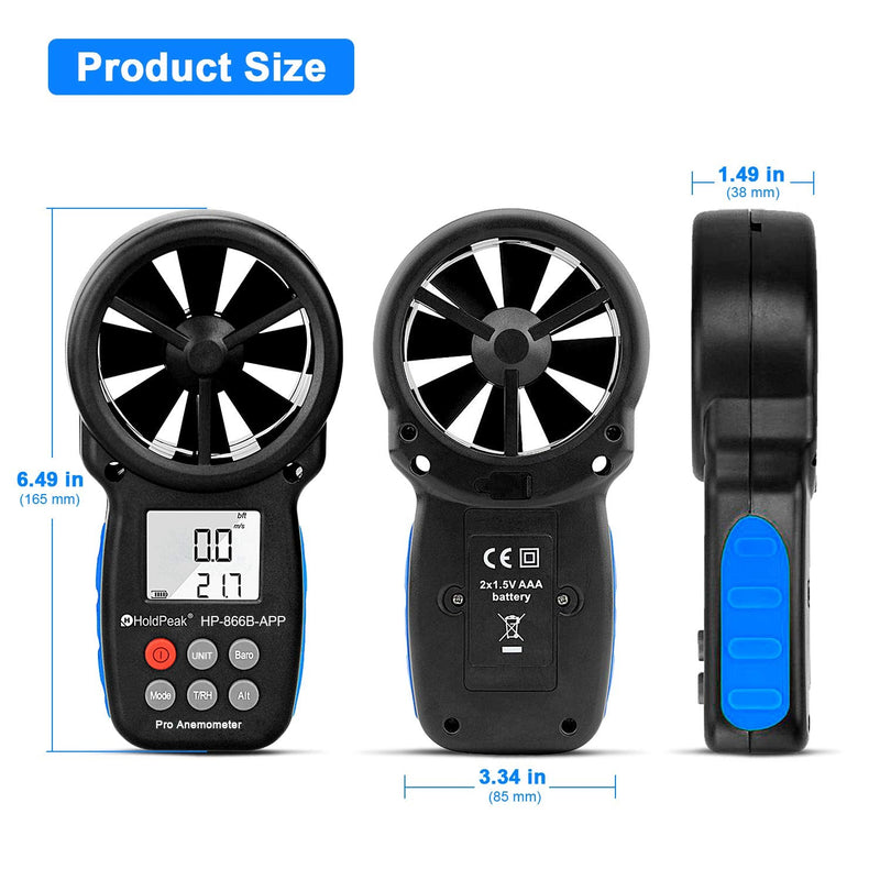 HOLDPEAK HP-866B-APP Digital Anemometer Handheld Vane Wind Speed Meter, APP Connect for Measuring Wind Speed, Temperature, Wind Chill with Backlight (Black) 1